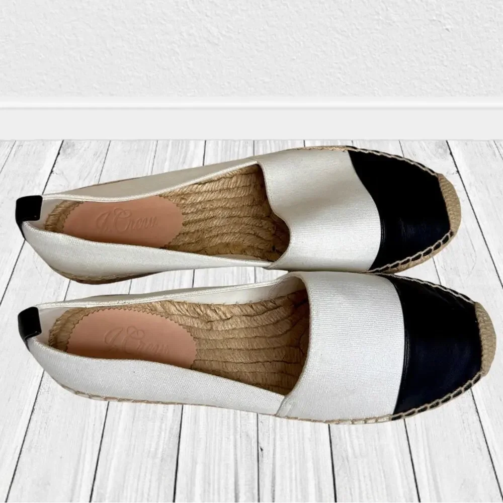 J. CREW White Black Leather Espadrilles Cap Toe Canvas Shoes Flats Resort 10.5